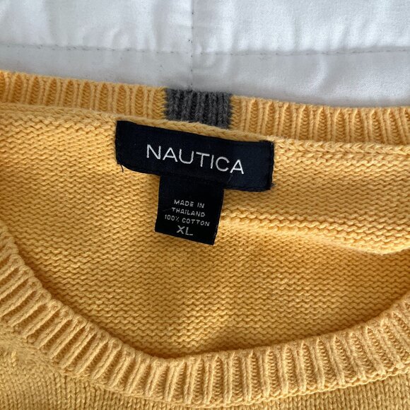 Nautica Y2K Mens Pullover Sweater 100% Cotton Yellow With Dark Stripe XL - Picture 2 of 7
